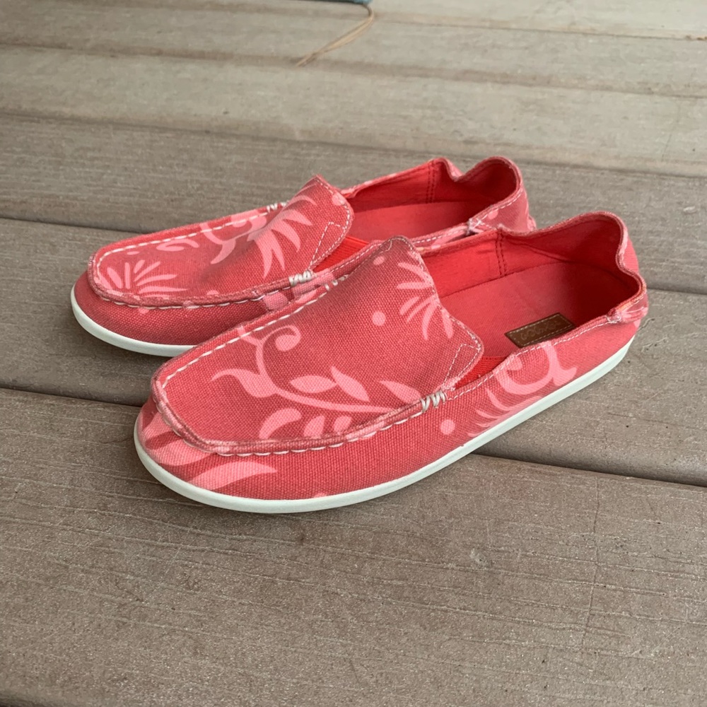 Olukai Nohea Canvas Print Slip On Shoes Drop in Heel Red Women 7.5